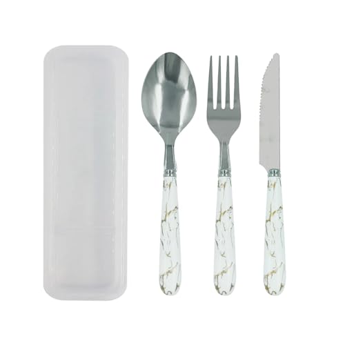Kit Talheres em Inox 3 Peças Garfo Faca Colher Com Estojo Portatil Reutilivazel - Para Marmita, Lanche, Escolar, Viagem e Camping Premium MZZC (Branco Marmorizado)