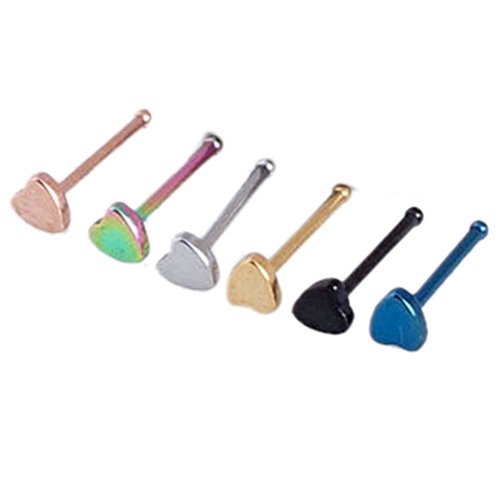 Lots of 6 Pcs 0.7mm Assorted Color Stainless Steel Heart Nose Stud Body Piercing Jewelry