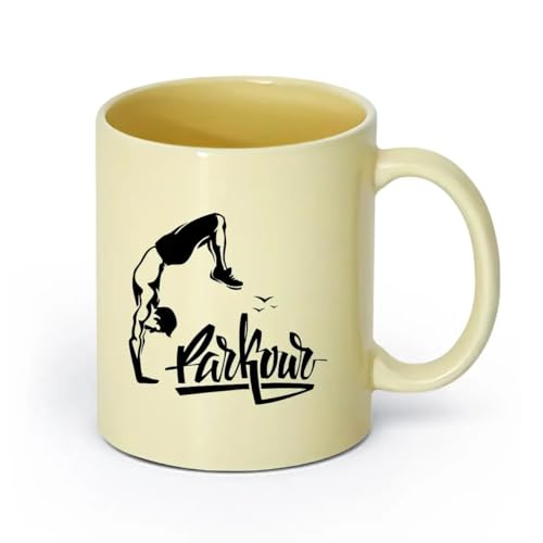 Ceramics Home and Office Mugs Parkour Lettering Athlete Teenage ation （11oz/320ml） Perfect for Kitchens, Restaurants & Cafes, Great Gift Idea Beige