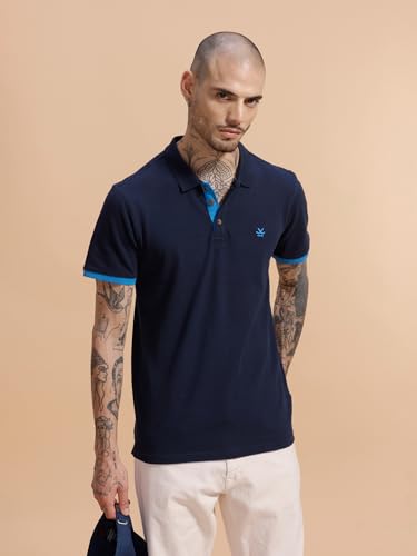 Image of WROGN Men's Contrast Rib Pique Polo T-Shirt | Navy Blue Smart Casual Polo