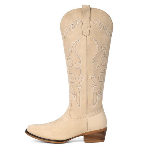 Image of Suede Cowboy Boots for Women Knee High Western Cowgirl Boots | Pointed Toe Low Heel Classic Embroidered Boot
