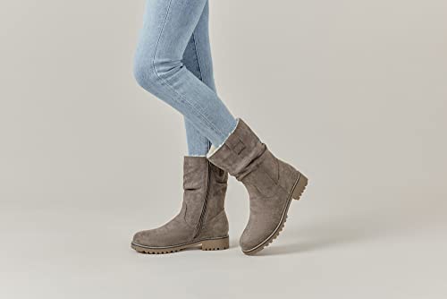 Vjh Confort Women's Mid Calf Boots Slouchy Riding Combat Low Heel Fur Lined Winter Zipper Booties(Griege 7.5) #TOP6