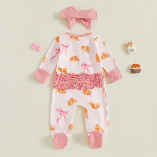 Newborn Baby Girl footed Romper Infant Croissant Bow Print Zip Up Bodysuit Headband Fall Clothes3