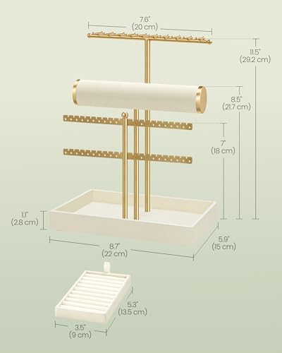 Image of SONGMICS Bracelet Holder Stand, Jewelry Display Stand, Jewelry Organizer with Necklace and Earring Organizers, Velvet Tray, Removable Ring Holder, Cream White and Pale Gold UJJS047W101