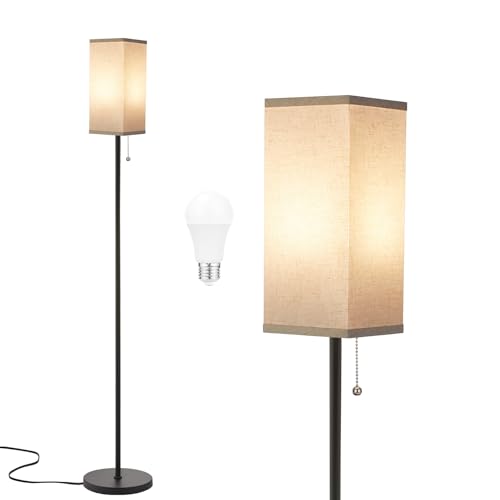 Image of Ambimall Floor Lamp with 3 Color Temperatures Bulb & Pull Chain Switch, 64 inch Standing lamp, Beige Square Shade & Black Pole