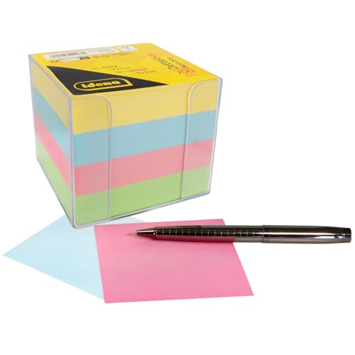 Idena 11183 - Zettelbox, transparent, 9 x 9 x 8 cm, inkl. 700 Blatt Zettelblock, FSC-Mix Papier in 4 Farben