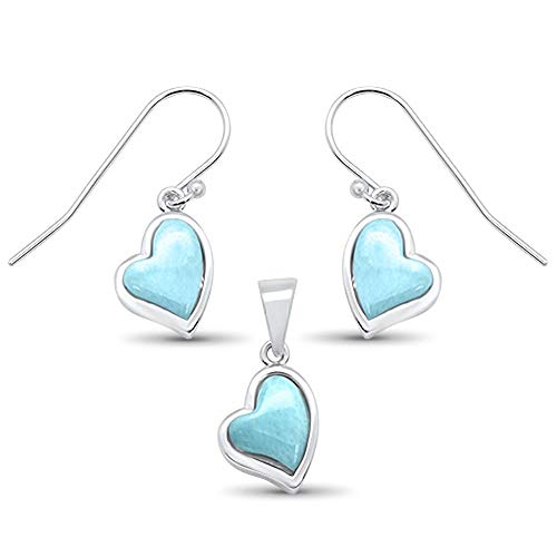 CloseoutWarehouse Bezel Set Natural Larimar Cute Heart Design Earrings Pendant Set Sterling Silver