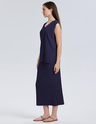SCUSTY Women's 2 Piece Sweater Skirt Sets Sleeveless V Neck Knit Ribbed Vest Tops Midi Skirt4