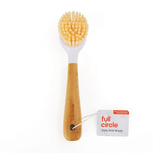 Full Circle Daily Dish Brush-Bamboo Handle Dish BrushSustainable Kitchen Cleaning with Tough Bristles-Natural Dish Scrubber Nonstick & Cast Iron Cleaner-Long Handle Brush for Dishes Pots and Pans
