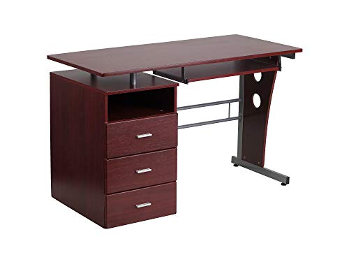 Flash Furniture Mogano da scrivania con Tre cassetti e ripiano per Tastiera Estraibile e Vassoio, Metallo, Mahogany Laminate Top/Silver Frame, 125.73 x 64.77 x 11.43 cm