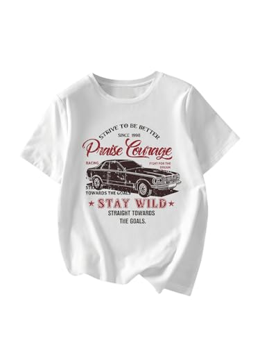 Image of RoseSeek Women's Graphic Letter Tee Crew Neck Drop Shoulder Trendy Summer T Shirt Short Sleeve Vintage Car Print Top