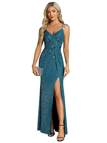 Ever-Pretty Robe de Soirée Femme Longue Moulante Fendu Col V Plis Bandoulière à Sequins Haute Élasticité Bleu Sarcelle 50