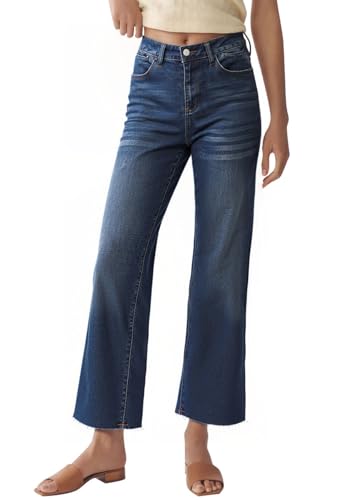 Wide Leg High Waisted Jeans for Women Trendy Stretchy Cropped Straight Leg Flare Jeans Frayed Hem Baggy Denim Pants