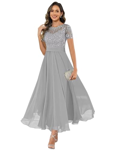 Mother of The Bride Dresses for Women Short Sleeve Lace Applique Long Chiffon Mother Groom Gown