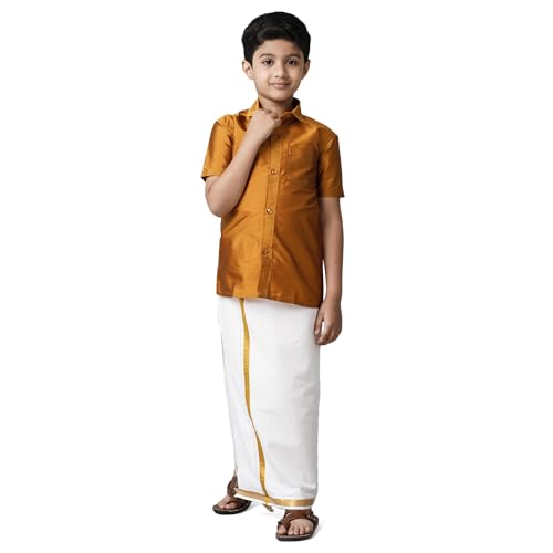 Image of RAMRAJ COTTON Boys Silk Cotton Shirt With Adjustable Cream Dhoti Perfect For Ceremonies| Festivals| And Special Occasions