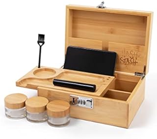 HASHSTASH - The OG Stash Box - Stash Box with Built-In Combo Lock & Accessories - 3 Smell Proof Jars, Rolling Tray, Tube, Brush - Stash Box Gift Kit Set - Herb Accessories Organizer