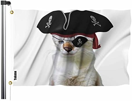 Swono Cat Pirate Flag 3x5 ft Funny Animal Skull Blindfold Triangular Hat Kitten Captain Flag Big Flag for Outdoor Indoor Office Workplace Home Garden Business