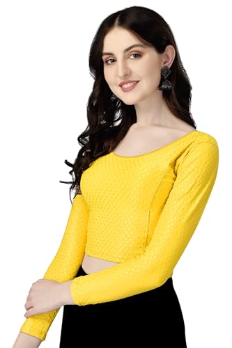 Shiv Textiles Round Neck Dobby Cotton Lycra Stretchable Elbow Sleeve Readymade Saree Blouse For Women Stylish (Yellowpluse Size Full Sleeve)