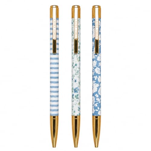 Laura Ashley Heirloom Cottage Pen Set – Elegant Refillable Ballpoint Pens with Floral Design & Gold Accents, Set of 3 in Decorative Gift Box – Smooth Writing Pens for Office, School & Journaling
