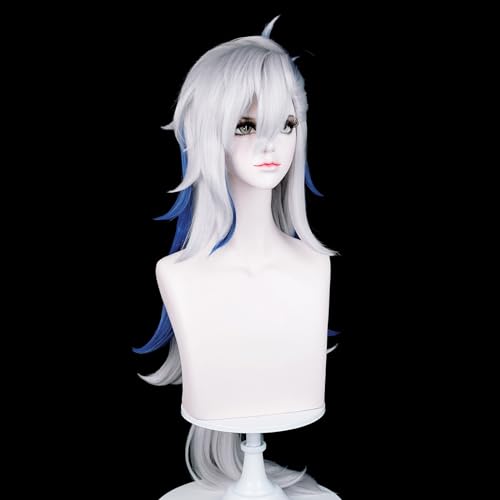 Image of Max Beauty White & Blue Cosplay Wig with Bangs, Women Long Straight Hair Daily Wig for Cosplay Synthetic Hair for Halloween Costume Party Hair Wig + Wig Cap