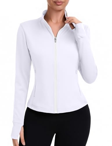 PINSPARK Chaqueta de running para mujer, deportiva corta, de entrenamiento de manga larga, chaqueta de yoga, bolsillos con cremallera y orificios para los pulgares.