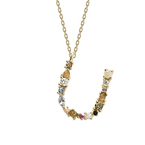 MINOIC Colgantes Iniciales de Plata de Ley 925 Baño Oro 18K A, Z y Piedras, Colgante Letras para Mujer. Colgantes Letras de Nombre, Collar Inicial, Colgante Inicial.