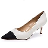 Damen Spitze Zehen Wildleder Komfort Slip auf zweifarbigen formellen Kitten Heel Elegant Pumps Weiß Größe 38