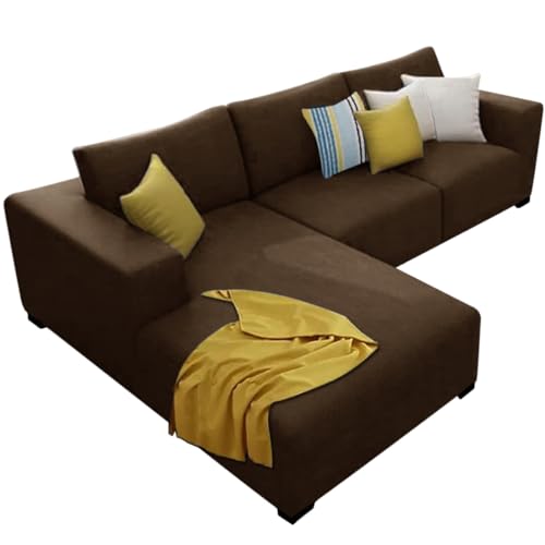 Image of FURNY Minta 4 Seater Fabric LHS L Shape Sofa Set (Brown)