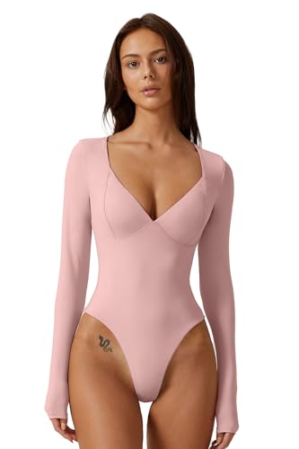 Image of QINSEN Women's Long Sleeve Bodysuit V Neck Body Suits Seamed Cup Going Out Tops Shirt