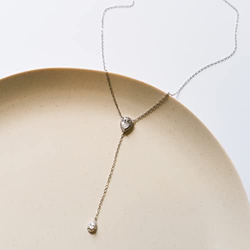 Espere Cz Pear Drop Lariat Necklace 16" With 2.75" Y Drop Adjustable, White Gold Finish #TOP5