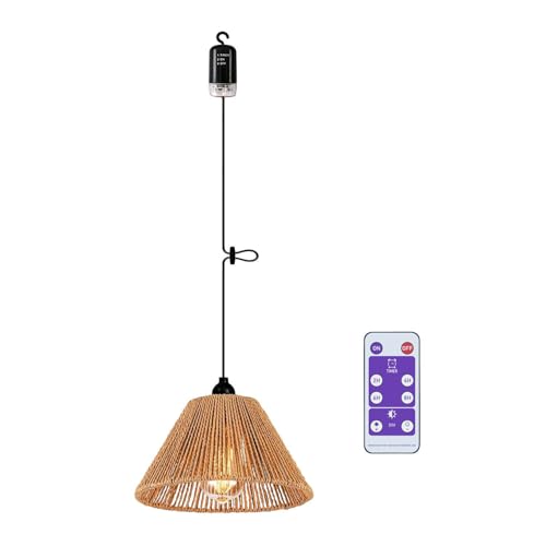 Lámpara colgante Boho con batería, mando a distancia, lámpara de techo sin conexión de alimentación, funciona con pilas, ratán, paraguas, pantalla para dormitorio, Navidad, fiesta, regalo, cenador