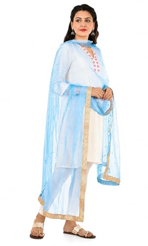 Image of YOUTHQUAKE Women's Net Embroidered Full Size Dupatta With 4 Side Golden Lace