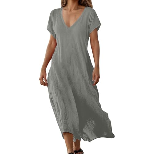 Robe en lin col en V contre la chaleur jupe longue ample et légère