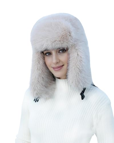Lina & Lily Women's Winter Trapper Hat Long Pile Faux Fur Fluffy (Beige)