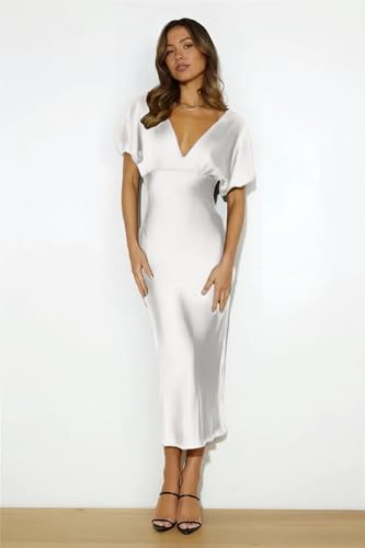 Image of Summer Satin V Neck Puffy Sleeves Empire Waist Midi Dresser Silk Sexy Tie Back Formal Cocktail Dresser for Women Wedding