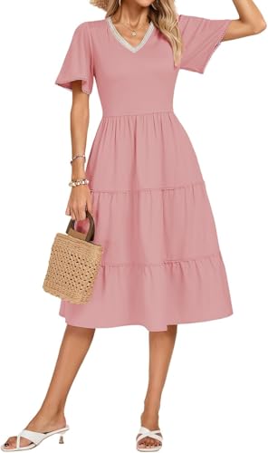 Kate Kasin Women's Spring Summer Midi Dress V-Neck Short Sleeve Tiered A-Line Skirt Contrast Fabric Casual Elegant Party Cocktail Wedding Guest Dresses Pink L