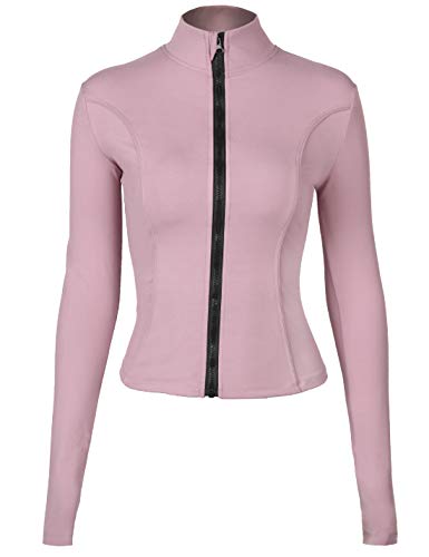 Locachy Women's Slim Fit Full Zip Sports Jacket with Thumb Holes for Running and Workout, pink, M