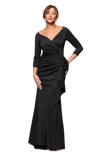 Xscape Women's Long 3/4 Sleeve V-Neck Side Ruched Gown (Reg and Petite), Black, 6