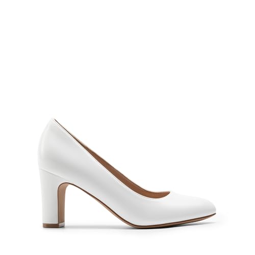 DREAM PAIRS DREAM PAIRS Women's Block Heels Closed Toe High Chunky Rounded Toe Pumps Comfortable Slip On Work Shoes,Size 6,White,DWUMPU2515