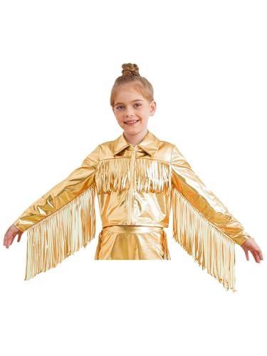 Linjinx Kids Girls Sequin Tassel Long Sleeve Bomber Jacket Hip Hop Modern Jazz Dance Performance Tops Coat Outerwear