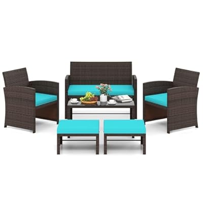 Tangkula 6 Pieces Patio Furniture Set, Outdoor Sectional Conversation PE Rattan Sofa Set with 1 Loveseat, 1 Coffee Table, 2 Armchairs and 2 Ottomans for Garden, Deck, Backyard and Poolside (Turquoise)