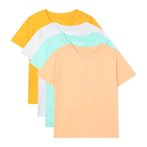 Image of HILEELANG Kids Boy Basic Plain Cotton T-Shirts Short Sleeve Crew Neck Summer Tees 4packs 6-12 Years