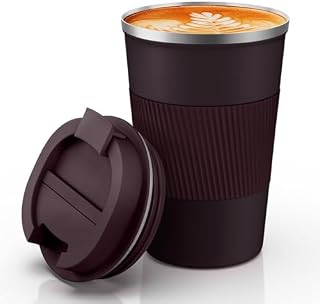 Travel Coffee Mug 12oz: Insulated Travel Mug with Leakproof Lid, Reusable Coffee Cups with Seal Lid, Vacuum Stainless Steel Coffee Tumbler to Go for Hot/Ice Drinks (Brown)