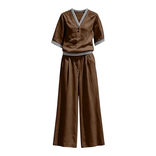 Traje de lino para mujer con botones y pantalón fluido de dos piezas a rayas 2
