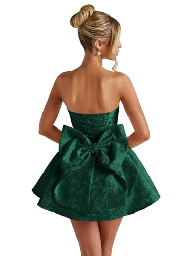 Basgute Floral Jacquard Satin Short Homecoming Dresses for Teens A Line Strapless Formal Prom Evening Gown with Bow