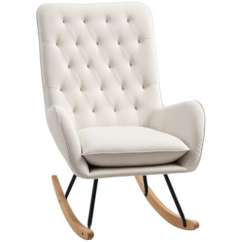 HOMCOM Mid-Century Fabric Rocking Chair Sofa Armchair Tufted Rocker Wingback Accent Chair with Padded Seat, Rubber Wood Base for Home Studio, Bedroom, Living Room, Cream White