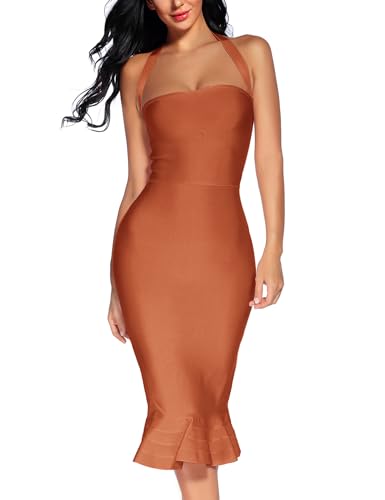 Image of houstil Women's V Neck Halter Fishtail Bandage Bodycon Dress Party