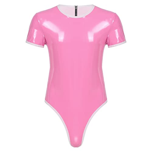 JanJean Body String Homme Combinaison à Manches Courtes en Cuir Verni Brillant Bodysuit Zippé à Boutons Poussoir M-3XL Rose 3XL Cover