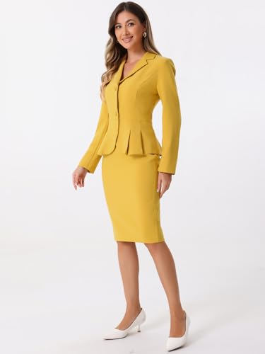 Allegra K 2 Piece Suit Skirt Sets for Women Blazer and Pencil Skirts Formal Office Business Casual Outfits Medium Yellow - Thumbnail 4