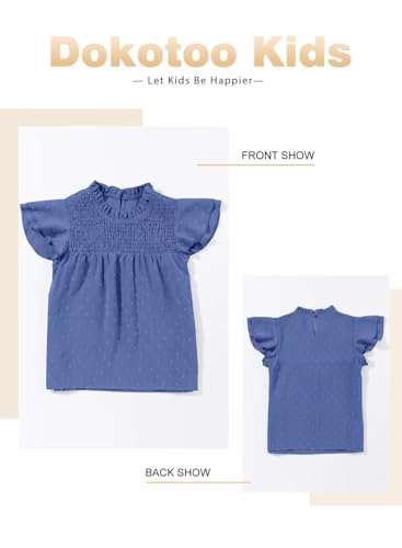 Image of DOKOTOO KIDS Girls Tops Short Sleeve Shirts Summer Blouse Size 6-15 Years | None Elastic Fabric, Ruffle Sleeve, Swiss Polka Dot, Smocked, Crew Neck, Key Hole Back, Dress Spring Outfit, Casual Tee